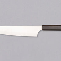 Full view of Hayabusa Gyuto Aogami Super Ebony 210 mm knife with ergonomic ebony wood handle, designed for comfort and control.