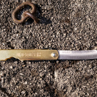 Higonokami is the most famous Japanese pocket knife and enjoys the same fame worldwide as the Swiss army knife. It is a small, lightweight, and durable pocket knife of simple design, suitable for versatile use. The BRASS version is made of quality, traditional Japanese Aogami #1 blue steel, hardened to around 62 HRC.