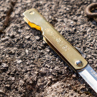 Higonokami is the most famous Japanese pocket knife and enjoys the same fame worldwide as the Swiss army knife. It is a small, lightweight, and durable pocket knife of simple design, suitable for versatile use. The BRASS version is made of quality, traditional Japanese Aogami #1 blue steel, hardened to around 62 HRC.