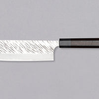 Kurosaki Nakiri Fujin is a limited edition collector's item - a knife from the talented master blacksmith Yu Kurosaki. It's made of excellent SG2 powder steel, which undergoes a heat treatment process to get a hardness of 63 HRC. The luxurious octagonal dark rosewood handle is topped with a black pakka wood ferrule.