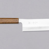 Kurosaki Nakiri Gekko VG-XEOS Migaki 165mm (6.5")_1 Kurosaki Nakiri from the Gekko line is another uniquely looking blade from the hands of a talented young master blacksmith Yu Kurosaki. The minimalistic, lightweight blade is treated to a high polish. The secret of this knife lies in a new VG-XEOS steel (61 HRC), which has excellent resistance to wear and corrosion.