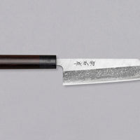 Muneishi Bunka Aogami #2 Damascus 165mm is a multi-purpose Japanese kitchen knife, suitable for preparing meat, fish and vegetables, with a special "K-tip" for precise cuts. The minimalistic polished blade finish shifts into a misty damascus pattern, giving the knife an elegant, dreamy look. Fitted with rosewood handle.