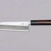 Muneishi Bunka Aogami #2 Damascus 165mm is a multi-purpose Japanese kitchen knife, suitable for preparing meat, fish and vegetables, with a special "K-tip" for precise cuts. The minimalistic polished blade finish shifts into a misty damascus pattern, giving the knife an elegant, dreamy look. Fitted with rosewood handle.