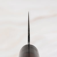 Knife choil. Muneishi Bunka Aogami #2 Damascus 165mm is a multi-purpose Japanese kitchen knife, suitable for preparing meat, fish and vegetables, with a special "K-tip" for precise cuts. The minimalistic polished blade finish shifts into a misty damascus pattern, giving the knife an elegant, dreamy look. Fitted with rosewood handle.