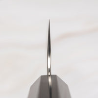 Knife choil. Nigara Gyuto SG2 Migaki Tsuchime 240mm is a multi-purpose Japanese kitchen knife, suitable for preparing meat, fish and vegetables. Its core is made of SG2 powder steel, ensuring long-lasting sharpness while requiring minimal maintenance. The steel's excellent corrosion resistance makes it a reliable choice for kitchen use. Fitted with luxurious ebony handle.