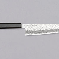 Nigara Gyuto VG-10 Damascus Tsuchime 210mm (8.2") is a multi-purpose Japanese kitchen knife, suitable for preparing meat, fish, and vegetables. VG-10 stainless steel ensures a fine sharpness with little to no maintenance. As such, the knife is also suitable as a first Japanese knife or gift. Fitted with an ebony handle.