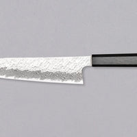 Nigara Gyuto VG-10 Damascus Tsuchime 210mm (8.2") is a multi-purpose Japanese kitchen knife, suitable for preparing meat, fish, and vegetables. VG-10 stainless steel ensures a fine sharpness with little to no maintenance. As such, the knife is also suitable as a first Japanese knife or gift. Fitted with an ebony handle.