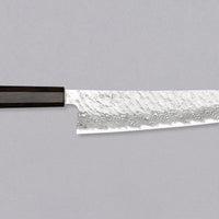 Nigara Gyuto VG-10 Damascus Tsuchime 240mm (9.4") is a multi-purpose Japanese kitchen knife, suitable for preparing meat, fish, and vegetables. VG-10 stainless steel ensures a fine sharpness with little to no maintenance. As such, the knife is also suitable as a first Japanese knife or gift. Fitted with an ebony handle.