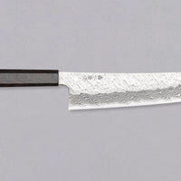 Nigara Kiritsuke Gyuto VG-10 Damascus Tsuchime 210mm (8.2") is a multi-purpose Japanese kitchen knife, suitable for preparing meat, fish, and vegetables. VG-10 stainless steel ensures a fine sharpness with little to no maintenance. As such, the knife is also suitable as a first Japanese knife or gift. Fitted with an ebony handle.