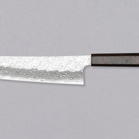 Nigara Kiritsuke Gyuto VG-10 Damascus Tsuchime 210mm (8.2") is a multi-purpose Japanese kitchen knife, suitable for preparing meat, fish, and vegetables. VG-10 stainless steel ensures a fine sharpness with little to no maintenance. As such, the knife is also suitable as a first Japanese knife or gift. Fitted with an ebony handle.
