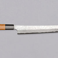 Nigara Kurozome Sakimaru Yanagiba Aogami #2 Damascus 270mm (10.6") is a traditional single-bevel Japanese knife used for preparing meat and raw fish, especially sashimi and nigiri sushi, and meat. Its length allows the user to slice different types of protein in one single pulling motion.