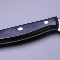 Micarta Pankiri (Bread Knife) 270mm (10.6")_4 A hand-forged Tojiro Micarta 270mm (10.6") bread knife with a compact black woods handle and a long blade (270 mm) is an indispensable tool for either professional chefs or passionate home cooks (sourdough enthusiasts, raise your hands!). The blade is made from Molybdenum Vanadium steel with 57–59 HRC.