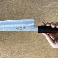 Hokiyama Kiritsuke Ginsanko 210mm (8.3")_3 Hokiyama Kiritsuke Ginsanko 210mm (8.3") is a multi-purpose Japanese kitchen knife. The Kiritsuke blade shape is a multifunctional Japanese kitchen knife, suitable for everyday use and the 210mm (8.3") blade length is an optimal size for chopping vegetables as well as cutting larger pieces of meat and fish. 63 HRC!