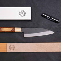 The Neverending Sharpness Bundle I [rosewood] has everything you need to get started on your Japanese knife-owning, sharpen-it-yourself journey: A basic sharpening set with a whetstone of two grits [#1000/3000] and a knife that is easy to sharpen and keep sharp long-term.