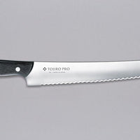 Micarta Pankiri (Bread Knife) 270mm (10.6")_1A hand-forged Tojiro Micarta 270mm (10.6") bread knife with a compact black woods handle and a long blade (270 mm) is an indispensable tool for either professional chefs or passionate home cooks (sourdough enthusiasts, raise your hands!). The blade is made from Molybdenum Vanadium steel with 57–59 HRC.