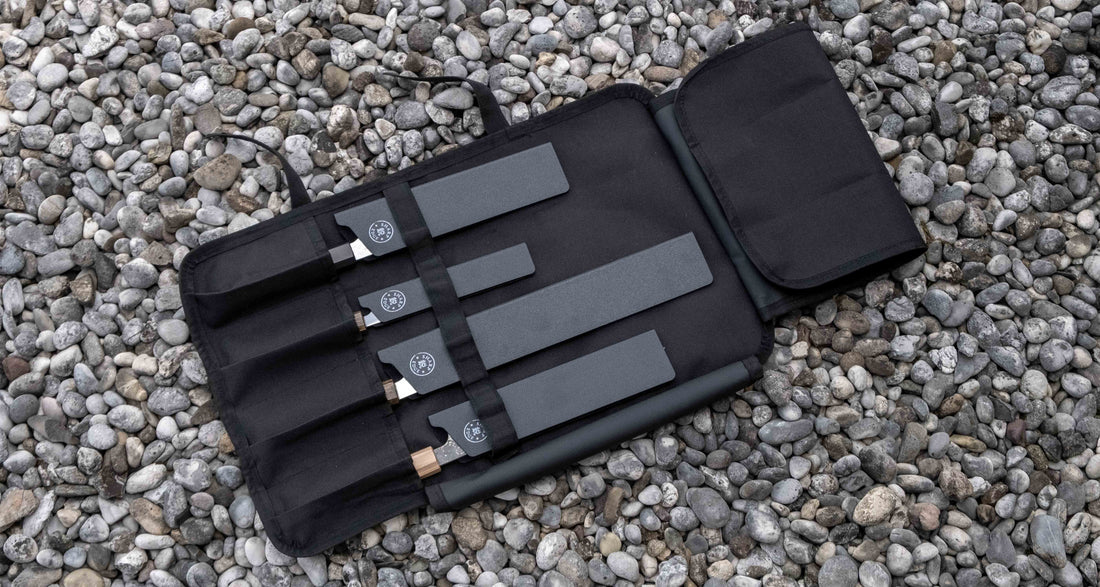 Our SharpEdge Black Chef's Knife Roll is best suited for chefs on-the-go and home cooks who need a small knife roll that can still hold very long knives (up to 440mm (17.3")). It has 4 pockets for knives and utensils, and additional velcro fasteners to keep them in place. A minimalistic, durable black knife bag.