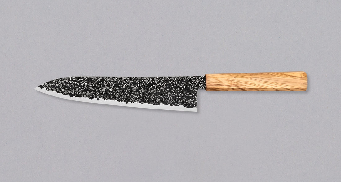 Hatsukokoro Mercury Gyuto Kurozome Damascus 210mm (8.3") [Mono Olivewood]
