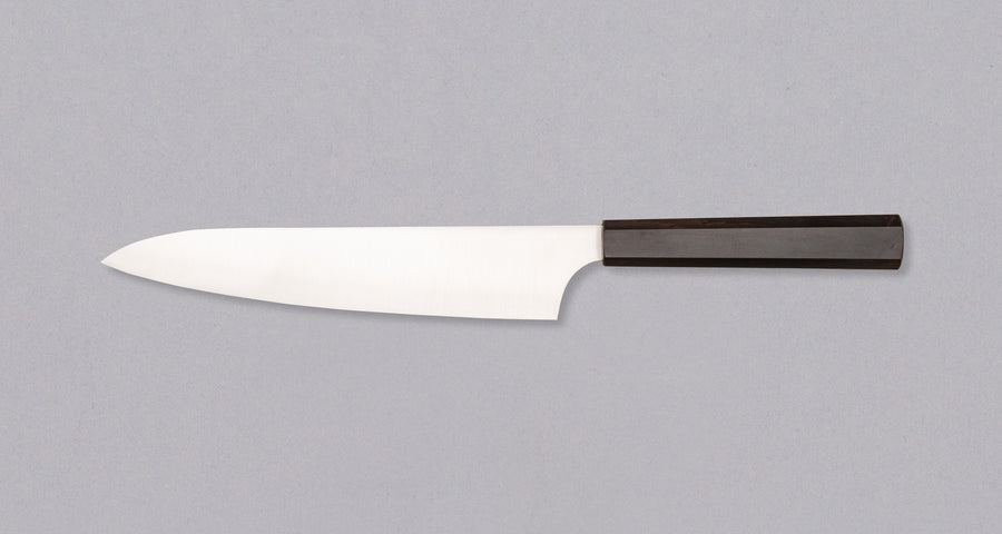 Full view of Hayabusa Gyuto Aogami Super Ebony 210 mm knife with ergonomic ebony wood handle, designed for comfort and control.