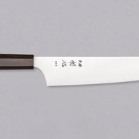 Full view of Hayabusa Gyuto Aogami Super Ebony 210 mm knife with ergonomic ebony wood handle, designed for comfort and control.
