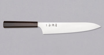 Full view of Hayabusa Gyuto Aogami Super Ebony 210 mm knife with ergonomic ebony wood handle, designed for comfort and control.
