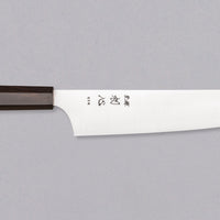 Full view of Hayabusa Gyuto Aogami Super Ebony 210 mm knife with ergonomic ebony wood handle, designed for comfort and control.
