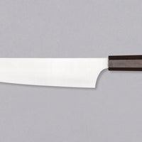 Full view of Hayabusa Gyuto Aogami Super Ebony 210 mm knife with ergonomic ebony wood handle, designed for comfort and control.
