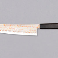 Hayabusa Gyuto Aogami #2 Rainbow Damascus is a versatile Japanese kitchen knife ideal for preparing meat, fish, and vegetables. Its blade, made of Aogami #2 steel, is thin and precise. It xcels in sharpness, edge retention, and ease of maintenance, but above all - looks - with the unique rainbow damascus pattern!