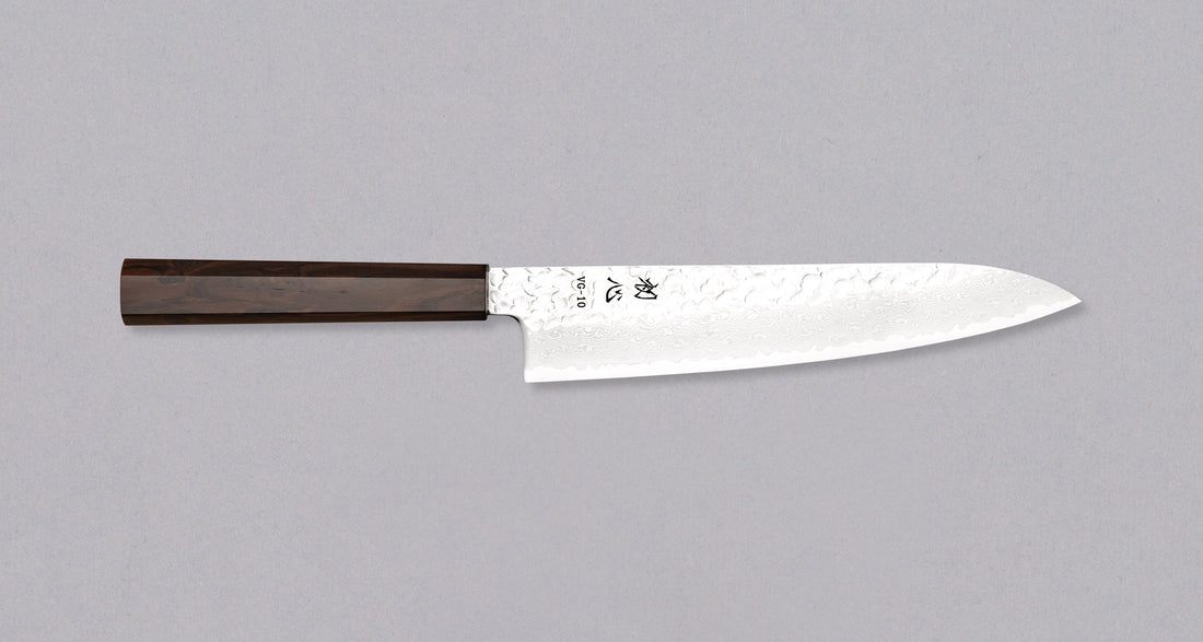 Right side of the Hayabusa Gyuto VG-10 Tsuchime Damascus 210mm knife, showcasing the full knife.