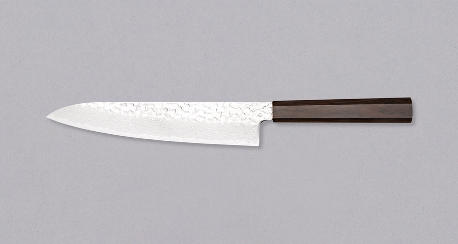 Left side view of Hayabusa Gyuto VG-10 Tsuchime Damascus 210mm knife, highlighting the blade and handle.