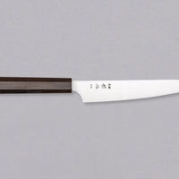 Hayabusa Petty Aogami Super Ebony 150 mm knife with a sleek migaki finish and elegant ebony handle.