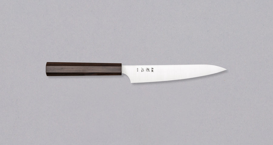 Hayabusa Petty Aogami Super Ebony 150 mm knife with a sleek migaki finish and elegant ebony handle.