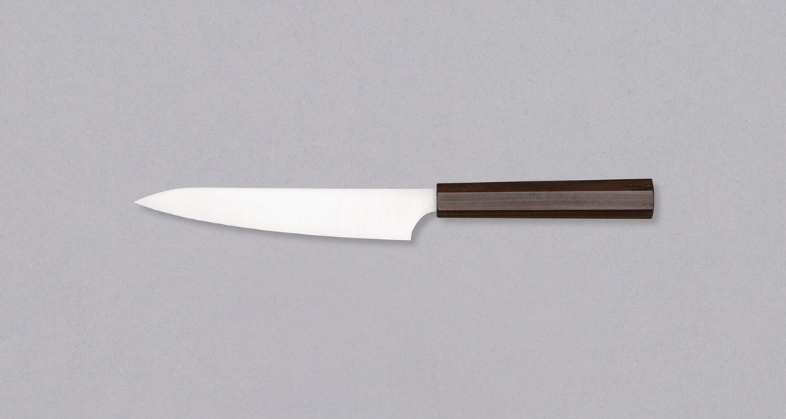 Hayabusa Petty Aogami Super Ebony 150 mm knife with a sleek migaki finish and elegant ebony handle.