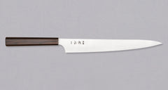 Hayabusa Sujihiki Aogami Super Ebony 270mm knife with an elegant ebony handle, showcasing its long, sharp blade ideal for precise slicing tasks