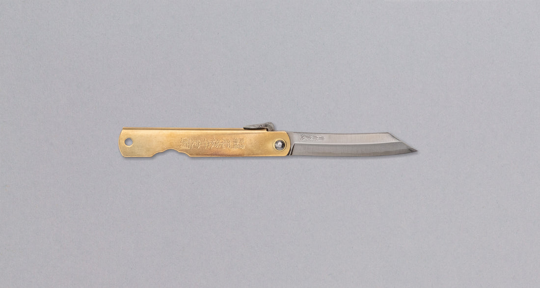 Higonokami is the most famous Japanese pocket knife and enjoys the same fame worldwide as the Swiss army knife. It is a small, lightweight, and durable pocket knife of simple design, suitable for versatile use. The BRASS version is made of quality, traditional Japanese Aogami #1 blue steel, hardened to around 62 HRC. 