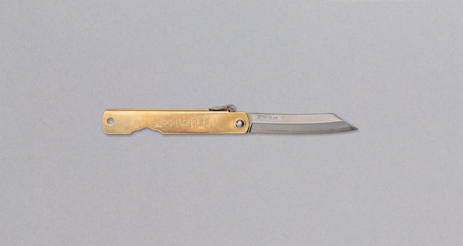 Higonokami is the most famous Japanese pocket knife and enjoys the same fame worldwide as the Swiss army knife. It is a small, lightweight, and durable pocket knife of simple design, suitable for versatile use. The BRASS version is made of quality, traditional Japanese Aogami #1 blue steel, hardened to around 62 HRC. 