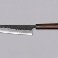 Hokiyama Bunka AS Kurouchi 170mm (6.7") is a multi-purpose knife that will handle all sorts of cutting techniques and is great for preparing fish, meat, and vegetables. Its Aogami Super steel core is protected with san-mai lamination. Fitted with an oval Japanese wa handle, made of rosewood.