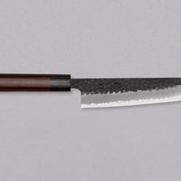 Hokiyama Bunka AS Kurouchi 170mm (6.7") is a multi-purpose knife that will handle all sorts of cutting techniques and is great for preparing fish, meat, and vegetables. Its Aogami Super steel core is protected with san-mai lamination. Fitted with an oval Japanese wa handle, made of rosewood.