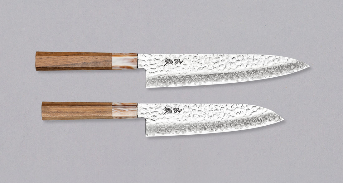  The Kotetsu VG-10 Damascus Set offers great versatility, featuring two multi-purpose knives that can cover most cutting tasks in the kitchen. With visible hammer prints, a damascus pattern, and a classic Japanese (wa-style) teak handle, they will impress anyone who appreciates aesthetically designed kitchen utensils.
