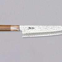 The Kotetsu Gyuto VG-10 Damascus 210mm (8.2") is a large multi-purpose Janapese knife with visible hammer prints, a damascus pattern and a classic Japanese (wa-style) teak handle. It will impress anyone who appreciates aesthetically designed kitchen utensils.