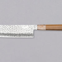 The Kotetsu VG-10 Damascus Nakiri 160 mm is a vegetable knife with visible hammer prints and a classic Japanese (wa-style) teak handle. The knife is extremely thin (1.9mm) so it will slide through ingredients with ease, and the choice of VG-10 stainless steel ensures rust resistance, durability and wear resistance. 