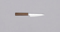 Kurosaki Petty Gekko VG-XEOS Migaki 130mm (5.1")_1  Kurosaki Petty from the Gekko line is another special blade from the hands of a talented young master blacksmith Yu Kurosaki. The minimalistic blade is treated to a high polish − hence the name Gekkō (月光), moonlight in Japanese. Made from VG-XEOS steel (61 HRC), it has excellent resistance to wear and corrosion.