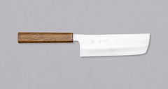 Kurosaki Nakiri Gekko VG-XEOS Migaki 165mm (6.5")_1   Kurosaki Nakiri from the Gekko line is another uniquely looking blade from the hands of a talented young master blacksmith Yu Kurosaki. The minimalistic, lightweight blade is treated to a high polish. The secret of this knife lies in a new VG-XEOS steel (61 HRC), which has excellent resistance to wear and corrosion.