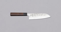 Kurosaki Santoku Fujin is another uniquely looking blade from the hands of the talented young master blacksmith Yu Kurosaki. Made from SG2 powder steel, the blade is adorned with a unique tsuchime pattern and fitted with a rosewood handle. Optimal for everyday, versatile use, whether you are a home cook or a pro chef.