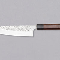 Kurosaki Santoku Fujin is another uniquely looking blade from the hands of the talented young master blacksmith Yu Kurosaki. Made from SG2 powder steel, the blade is adorned with a unique tsuchime pattern and fitted with a rosewood handle. Optimal for everyday, versatile use, whether you are a home cook or a pro chef.