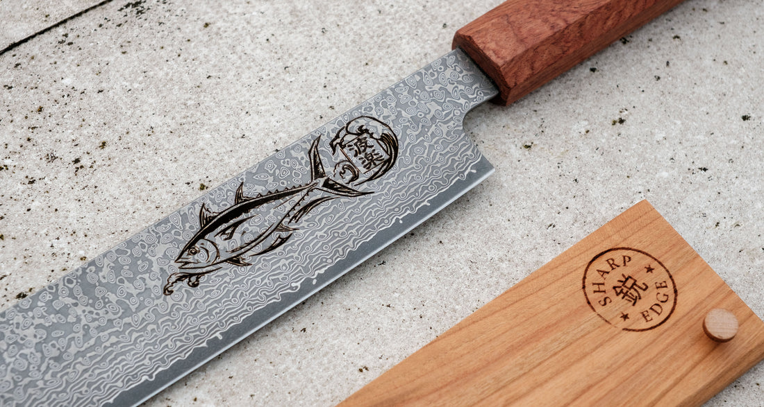 Maguro Kiri VG-10 Raindrop Damascus 465mm details