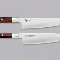 The Mcusta Zanmai Supreme Twisted Knife Set offers great versatility, featuring two multi-purpose knives that cover most cutting tasks in the kitchen. The minimalistic, highly polished blades are made of low-maintenance stainless VG-10 steel and are designed to put the focus on the uniquely shaped twisted handle.