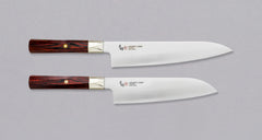 The Mcusta Zanmai Supreme Twisted Knife Set offers great versatility, featuring two multi-purpose knives that cover most cutting tasks in the kitchen. The minimalistic, highly polished blades are made of low-maintenance stainless VG-10 steel and are designed to put the focus on the uniquely shaped twisted handle.