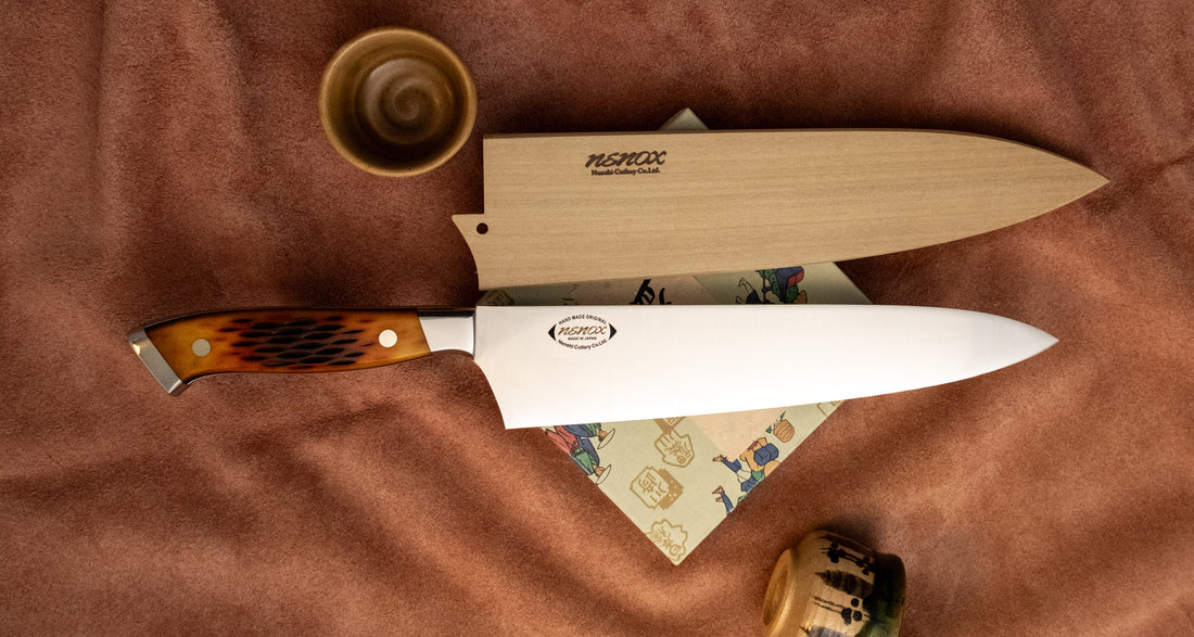 NENOX-S Gyuto Migaki 240mm (9,4") [Os sculptat Amber]