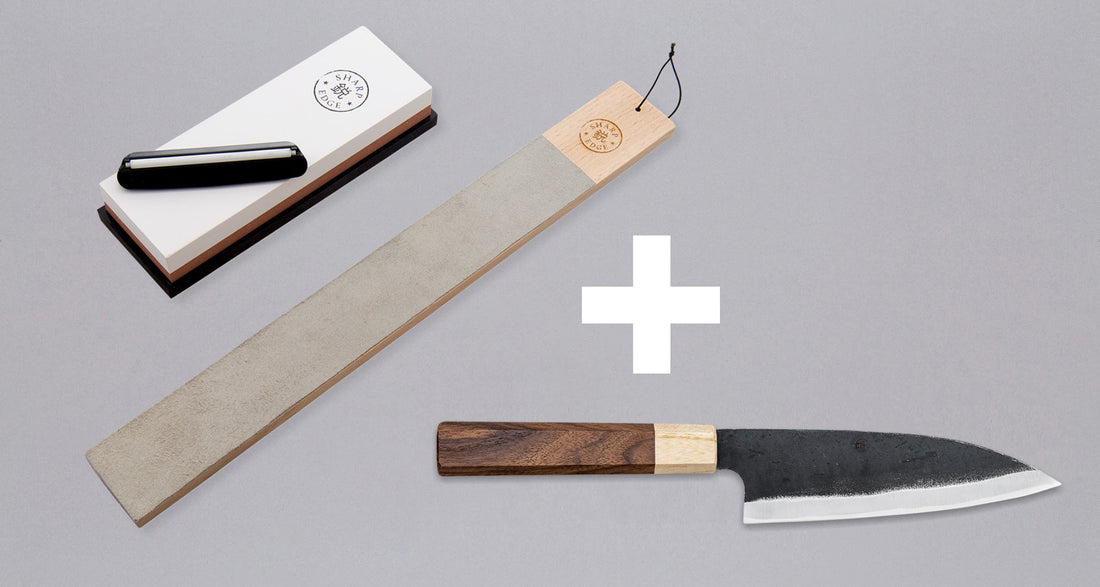 The Neverending Sharpness Bundle I [rosewood] has everything you need to get started on your Japanese knife-owning, sharpen-it-yourself journey: A basic sharpening set with a whetstone of two grits [#1000/3000] and a knife that is easy to sharpen and keep sharp long-term.