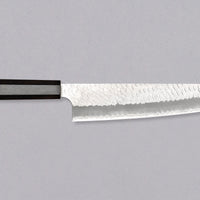 Nigara Gyuto SG2 Migaki Tsuchime 240mm is a multi-purpose Japanese kitchen knife, suitable for preparing meat, fish and vegetables. Its core is made of SG2 powder steel, ensuring long-lasting sharpness while requiring minimal maintenance. The steel's excellent corrosion resistance makes it a reliable choice for kitchen use. Fitted with luxurious ebony handle.